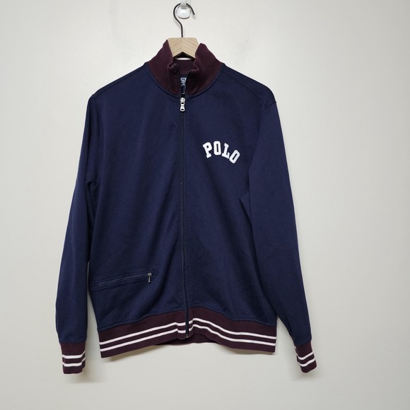 Vtg Polo Ralph Lauren Men's M Navy Full Zip Track Jacket Burgundy Trim Logo
